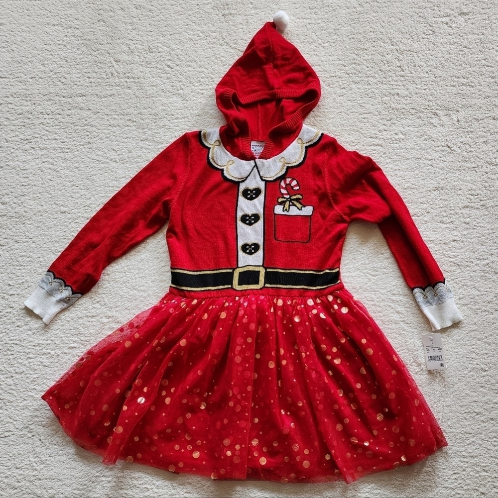 NWT girl's Well Worn Ugly Holiday Sweater Dress with Hood, Santa Claus, size M